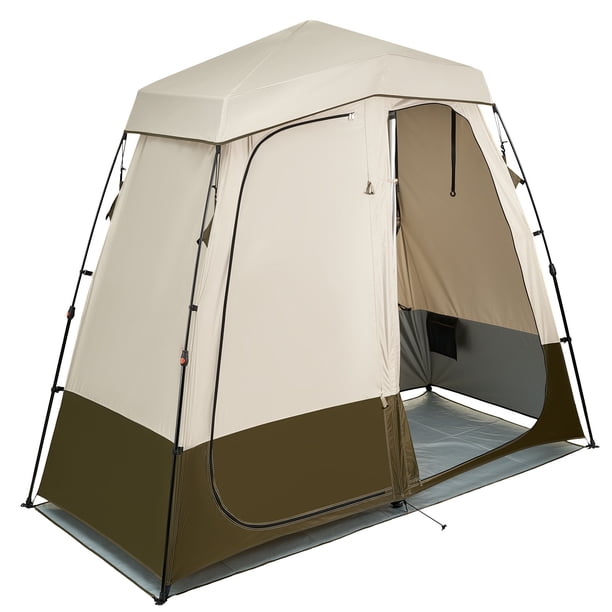 VEVOR Tienda de Campaña con Ducha y Baño, con Mampara de Privacidad y Cambiador, con Piquetas, Cuerdas, Bolsa de Transporte y Barra Transversal, para Camping, Playa, Caqui, 2500 x 1220 x 2180 mm