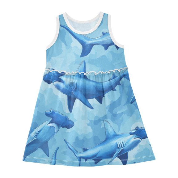 Toddler Girls Sleeveless Cotton Dress Summer Casual Beach Playwear A-Line Sundress 2T-8Y Hammerhead Shark Pattern