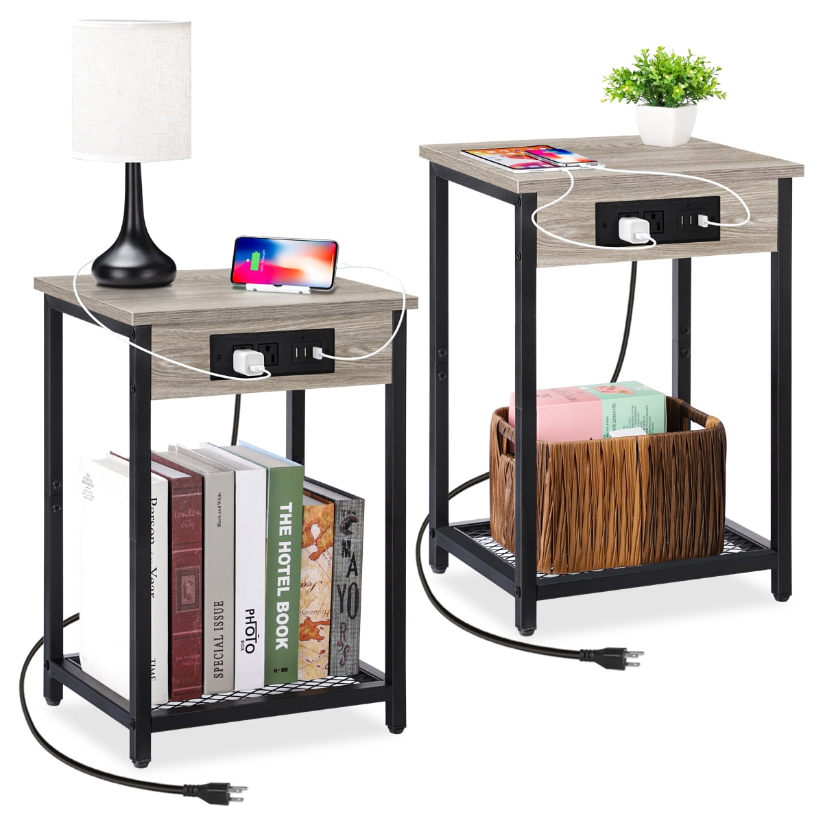 2-Pack Gray Side Tables with Built-In Power Strip (2 AC Outlets + 3 USB Ports) End Table for Living Room, Home Office & Bedroom