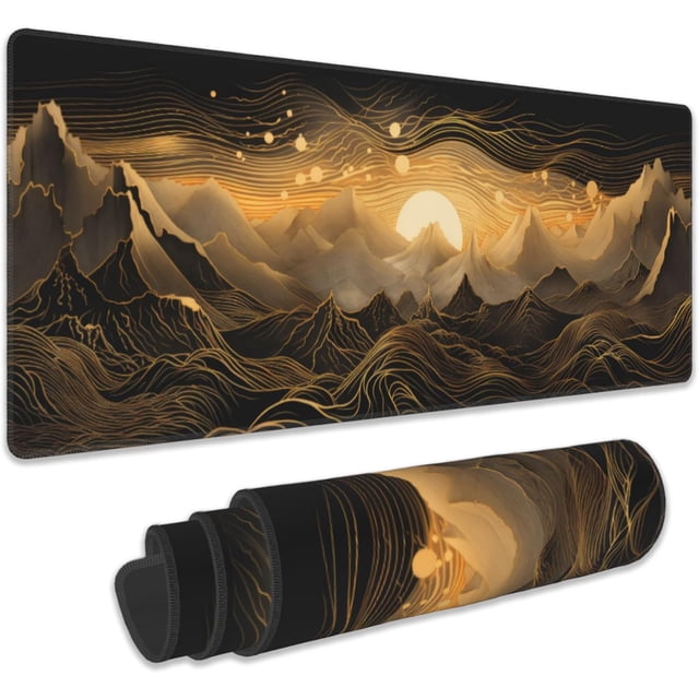 Gaming Mouse Pad,Black and Gold Mountains Landscape Extended Mouse Pad Gaming Large, 31.5"x11.8" Line Art Desk Mat with Non-Slip Base and Stitched Edge,Computer Keyboard Mouse Mat for Home Office Work