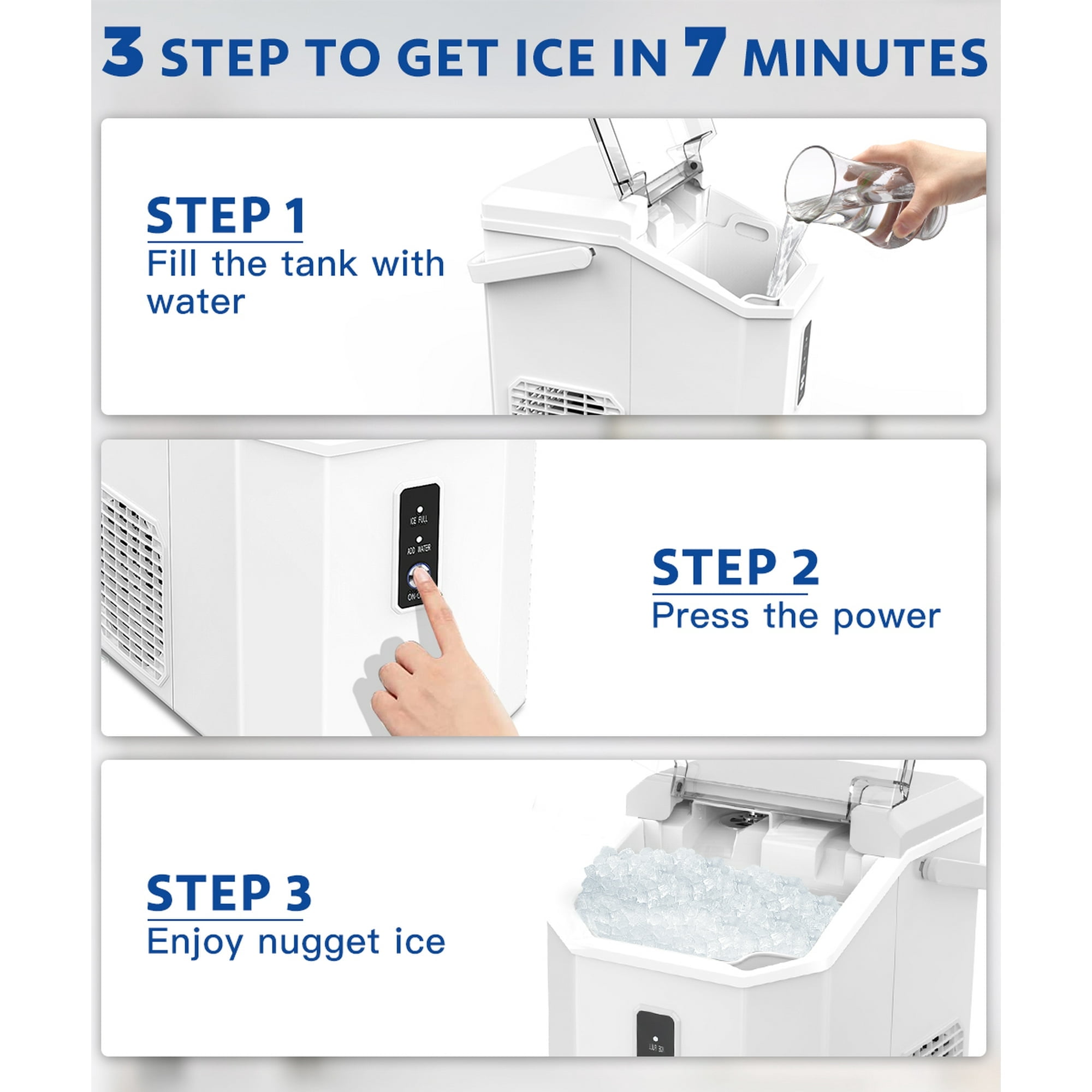 Moifoi Countertop Ice Maker, Nugget Chewable Soft Ice, 34 lbs/24 H, Auto-Cleaning, Portable/Compact, White