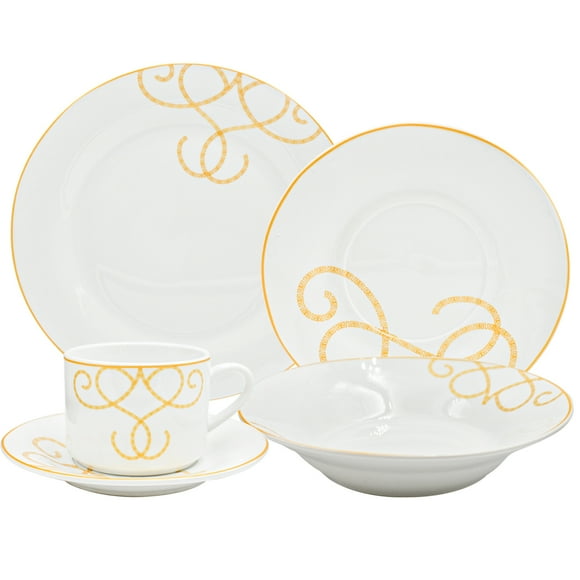 Juego Vajilla Completo, Diseño Moderno Grecas Doradas, Colección Elegant, 20 Piezas para 4 Personas Color Blanco y Dorado con Caja de Regalo