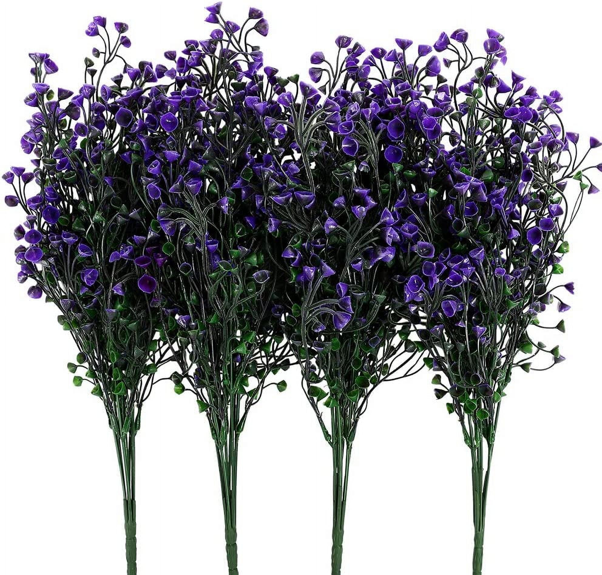 Artificial Shrubs Bushes 4 Pack Fake Outdoor UV Resistant Plants Flowers, Faux Plastic Bell Leaves Greenery for Indoor Outside Hanging Planter Home Office Wedding Farmhouse Decor (Purple)