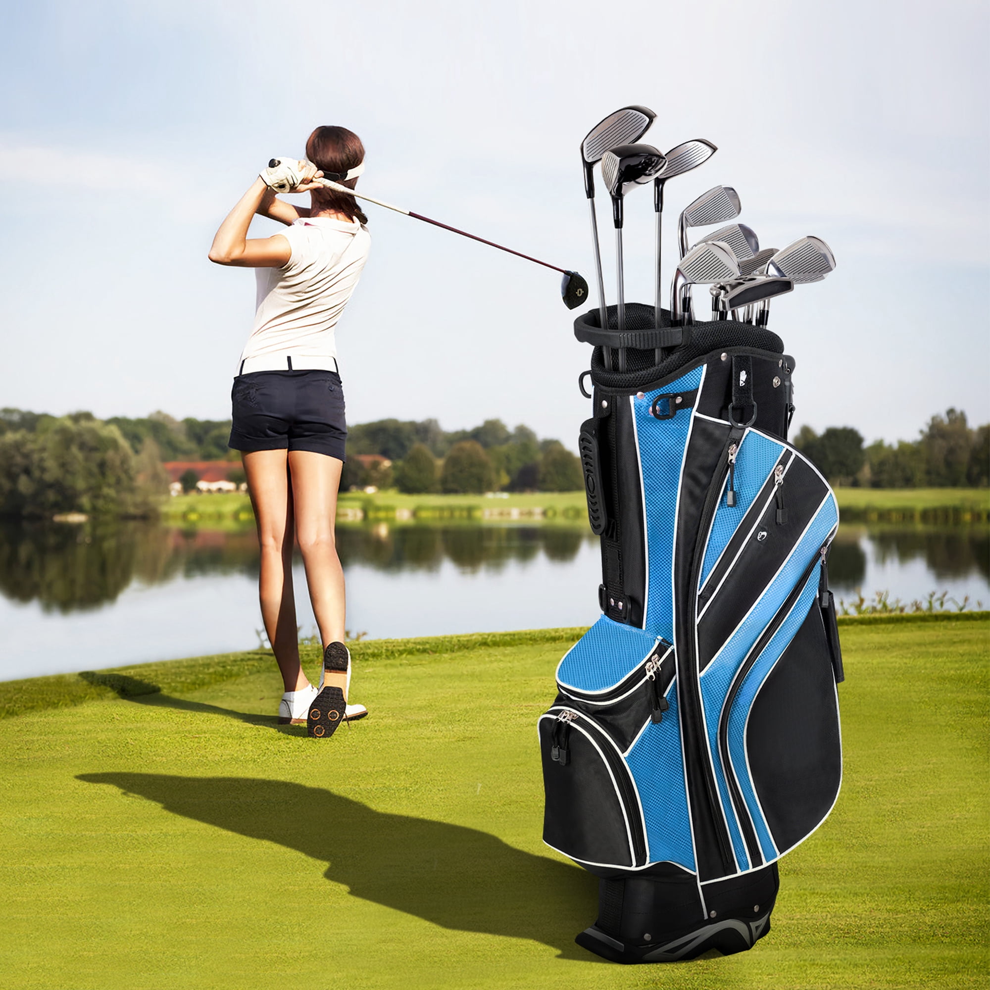 Gymax Golf Stand Bag 6 Way Divider Golf Carry Bag w/ Straps & 7 Storage Pockets Blue
