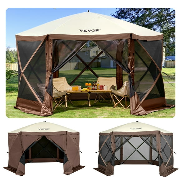 VEVOR 10x10FT Camping Gazebo Screen Tent, Pop Up Gazebo, Pop Up Canopy with Mosquito Netting, 6 Sides Outdoor Screen Tent with Mesh Windows and Portable Carry Bag for Camping, Backyard Party,Brown