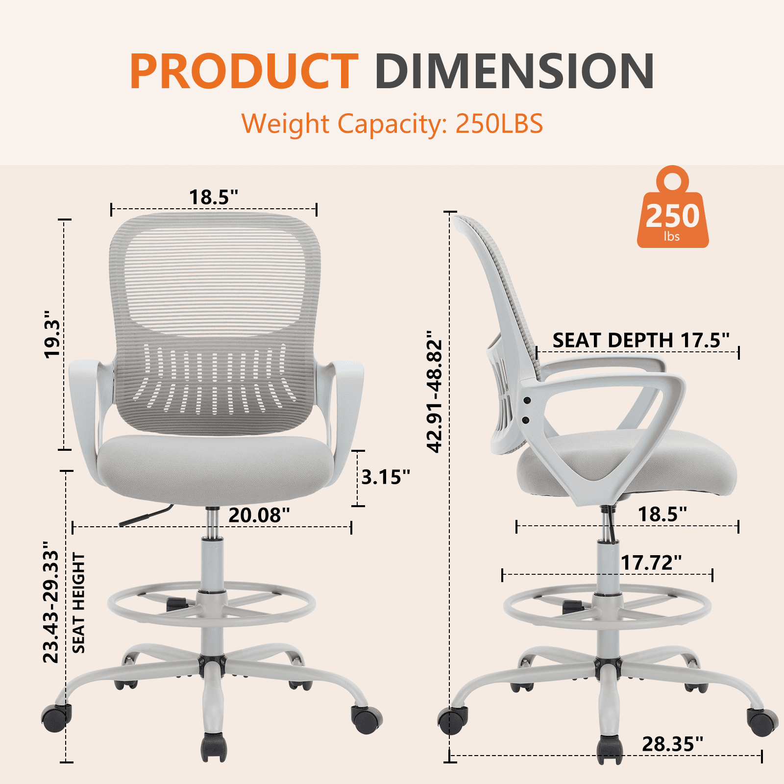 MAYEERTY Ergonomic Office Chair for Standing Desk with Adjustable Height, Computer Desk Chairs, Fixed Handrail， Gray