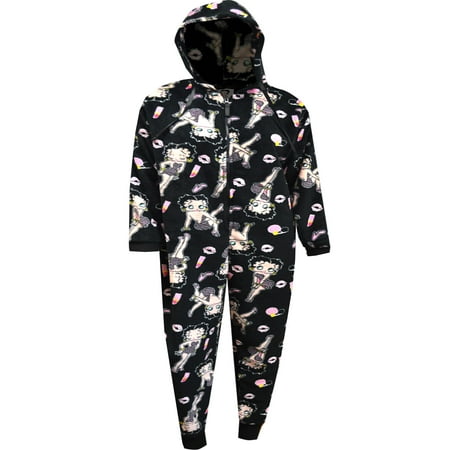 Apparel Connection LLC Womens Betty Boop Black Plush Hooded Onesie Pajama (Medium)