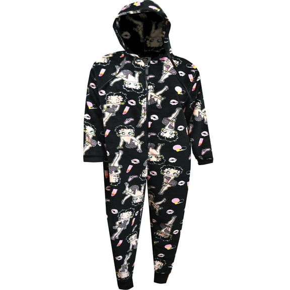 Apparel Connection LLC Womens Betty Boop Black Plush Hooded Onesie Pajama (Small)