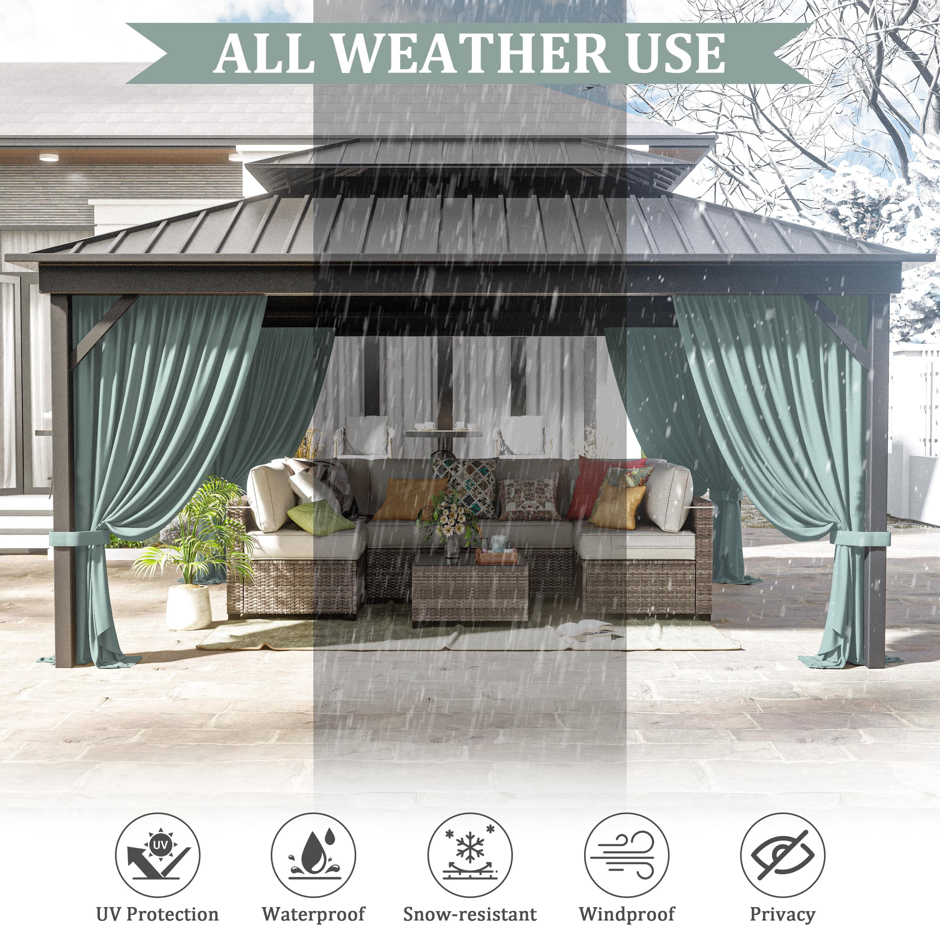 Pakunoda 11' X 6.5' Gazebo Universal Replacement Privacy 4-Panel Curtains, Waterproof Outdoor Curtains Calcite Blue Sidewall with Zipper for Patio Garden Backyard 10' X 12' Gazebo, Curtain Only