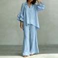 thumbnail image 5 of BRELIL Women Plus Size Two Piece Set V Neck Ruffle Sleeve Shirt Wide Leg Pants Casual Summer Loungewear Solid Boho Vacation Outfits Tracksuit Loose 2 Piece, Light Blue M, 5 of 5