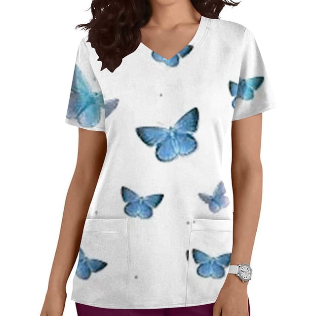 EGNMCR Sarraus pour Femmes Mode pour Femmes Col en V Imprimé Manches Courtes Poche Combinaison Haut Cadeaux pour Femmes