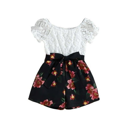 

Fesfesfes Toddler Baby Girls Summer Floral Lace Short-sleeved Tops Shorts Jumpsuits Bodysuits