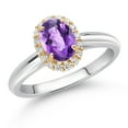 thumbnail image 2 of 925 Sterling Silver and 10k Yellow Gold Purple Amethyst and White Lab Grown Diamond Halo Engagement Ring for Women (0.88 Cttw, Gemstone February Birthstone, Oval Checkerboard 7X5MM, Size 6), 2 of 4