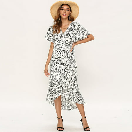 Women Summer Beach Dress V-Neck Print Boho Long Chiffon Dress | Walmart ...