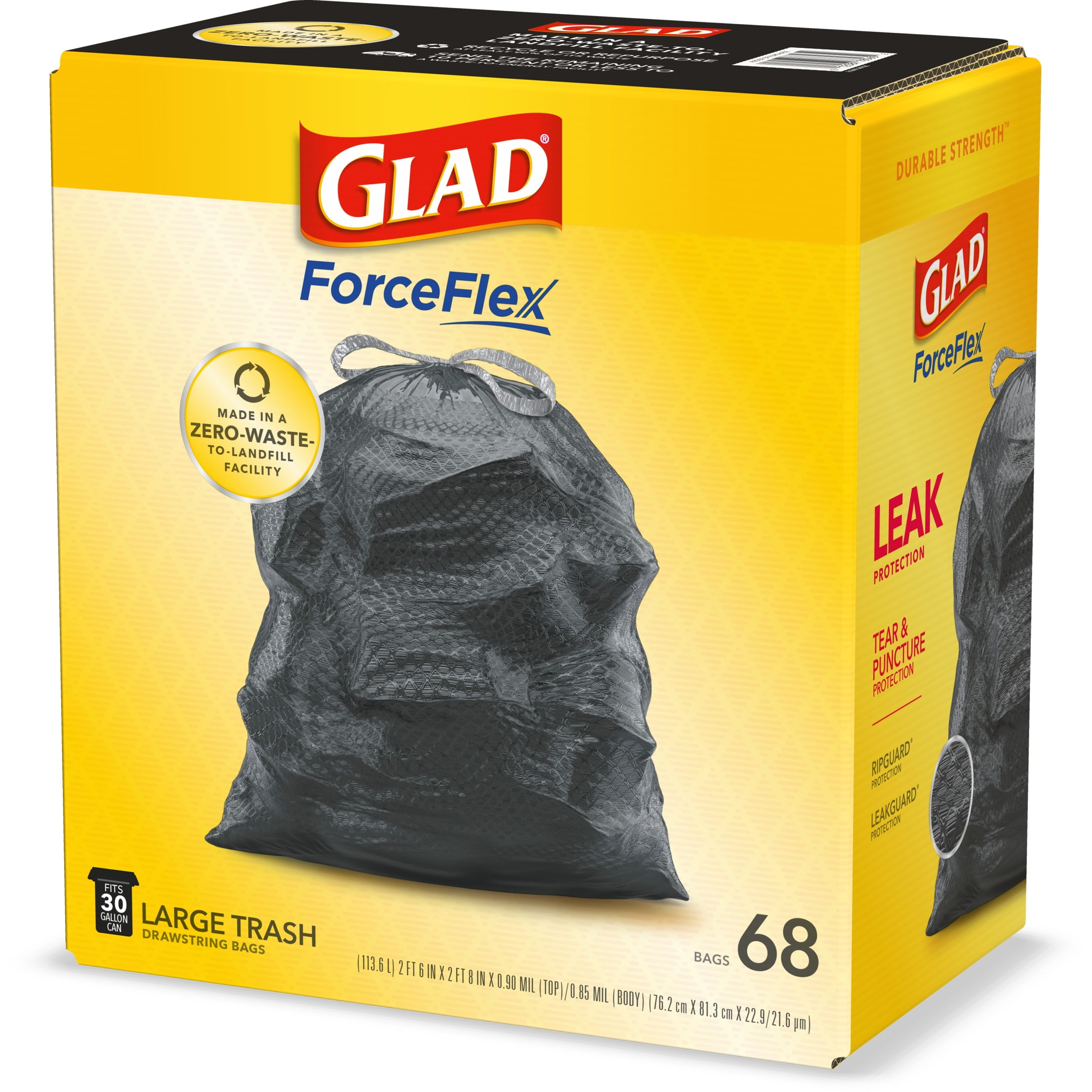 Glad Large Drawstring Trash Bags, ForceFlex 30 Gallon Black Trash Bags, 68  Count