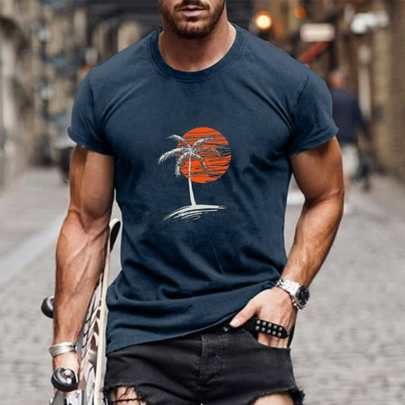 Meichang Shirts for Men Summer Tropical Palm Trees Graphic Tees Short Sleeve Workout Tshirts Regular Fit Crew Neck T-Shirt Mens Lightweight Muscle Tee Tops Navy M
