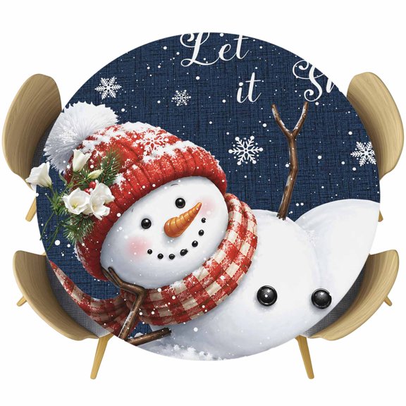 Round Fitted Tablecloth with Elastic Edge, Cute Snowman Winter Christmas Fitted Table Cloth for Round Tables 55-60in, Snowflake on Navy Blue Waterproof Tablecloth for Outdoor Picnic Party
