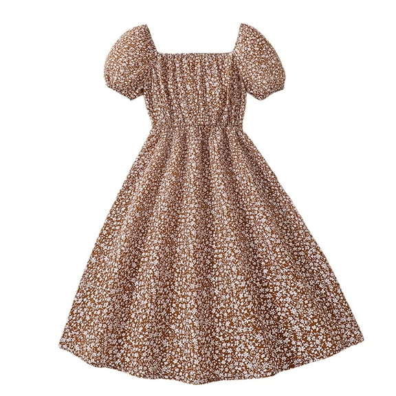 Tfken Girls Dress Loose A-Line Fashion Floral Print Square Neck Brown Girl Dresses Size 8 Years-9 Years