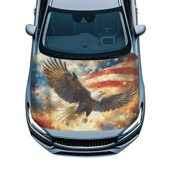 Uorisanigo Car Hood Cover, Washable Bald Eagle American Flag Car Hood Cover Removable Automotive Exterior Accessories Elastic Emblem Auto Bonnet Banner All-Season Protection