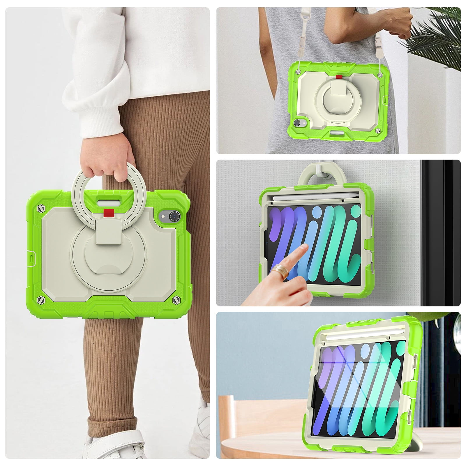 Allytechgroup Screen Protector Case for Apple iPad mini 7th Gen/ 6th Gen 8.3 Inch, Heavy Duty Protective Build-in Pencil Holder Handle Stand Rugged Bumper Case Kids Friendly for iPad mini 6 7, Lime