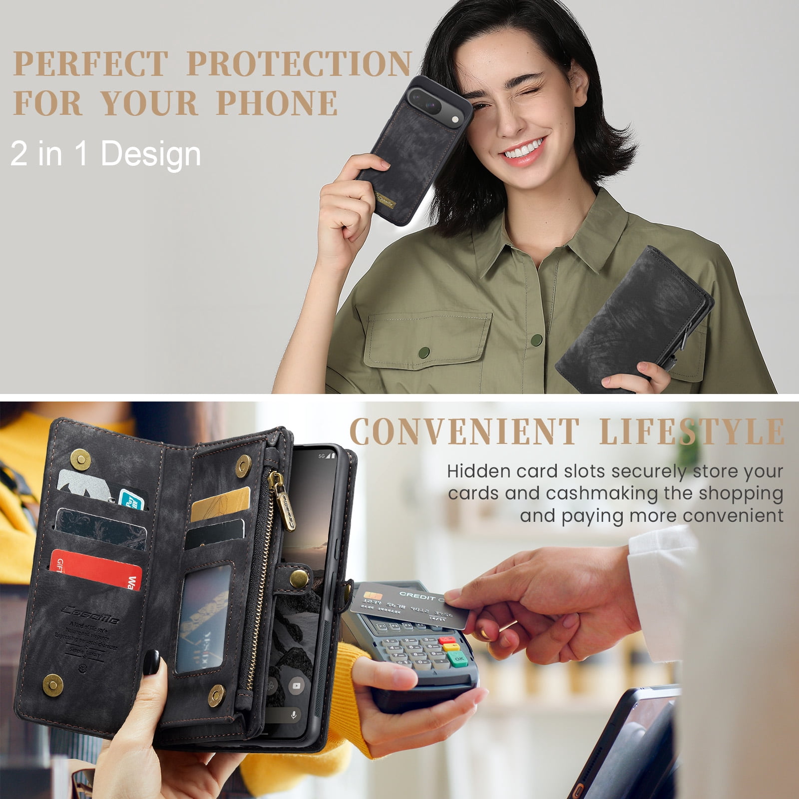 Feishell Durable 2- In-1 Magnetic Detachable Wallet Case for iPhone 16,for Women Men,Premium PU Leather Zipper Pocket Flip Multi Card Slots Purse Phone Case with Wrist Strap,Black
