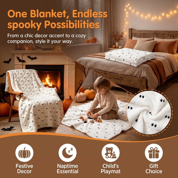 Halloween Blanket 39.4x27.6in Soft Blanket Ghost Pumpkin for Couch Bedroom Travel by OVFUIZ