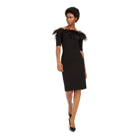 Calvin Klein Womens Feather Neckline Sheath Dress, Black, 4