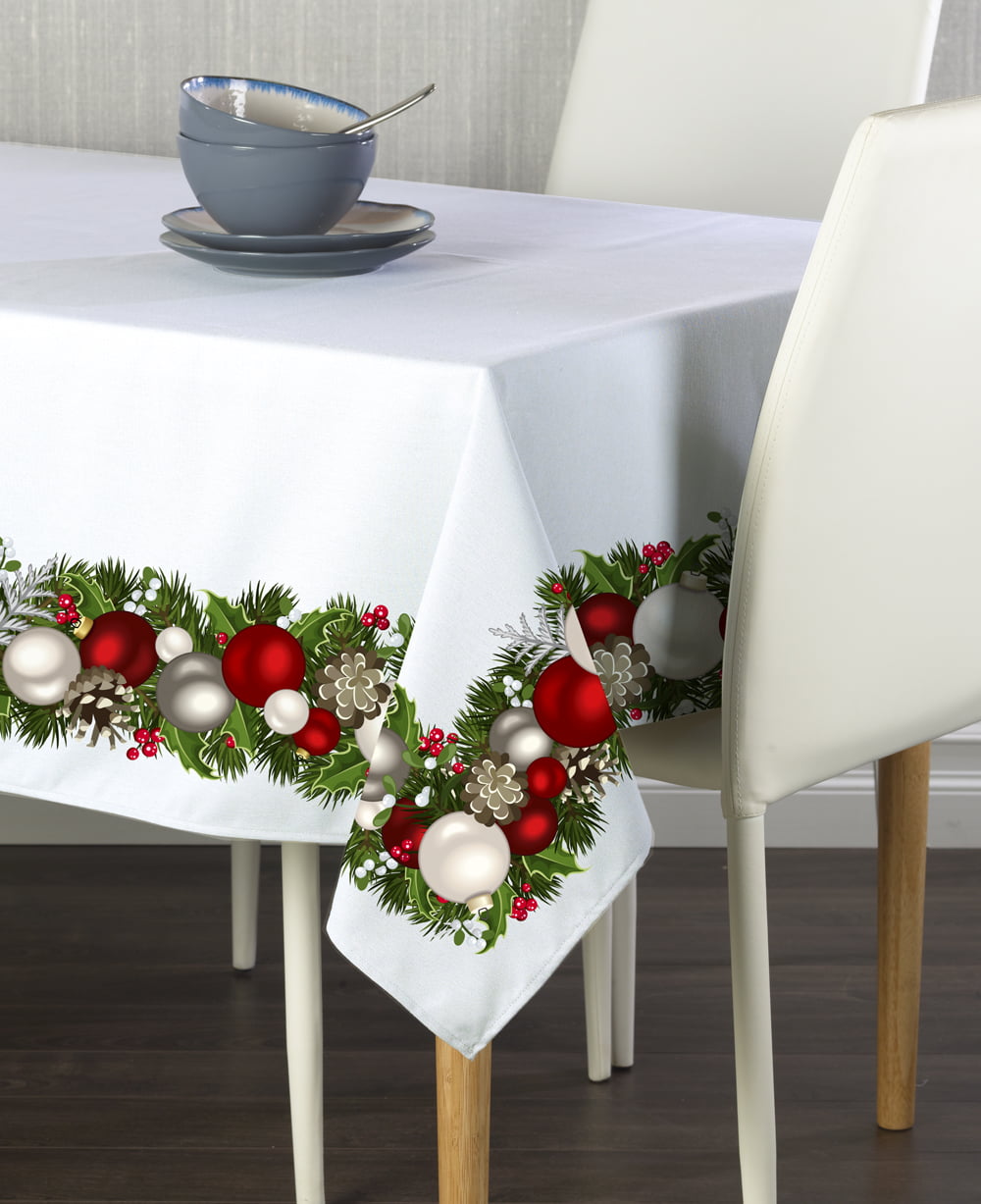 Holiday Holly Berries Embroidered Rectangular 70 x 86 in Tablecloth with Red Trim Border Creative Home Ideas YMC003569 
