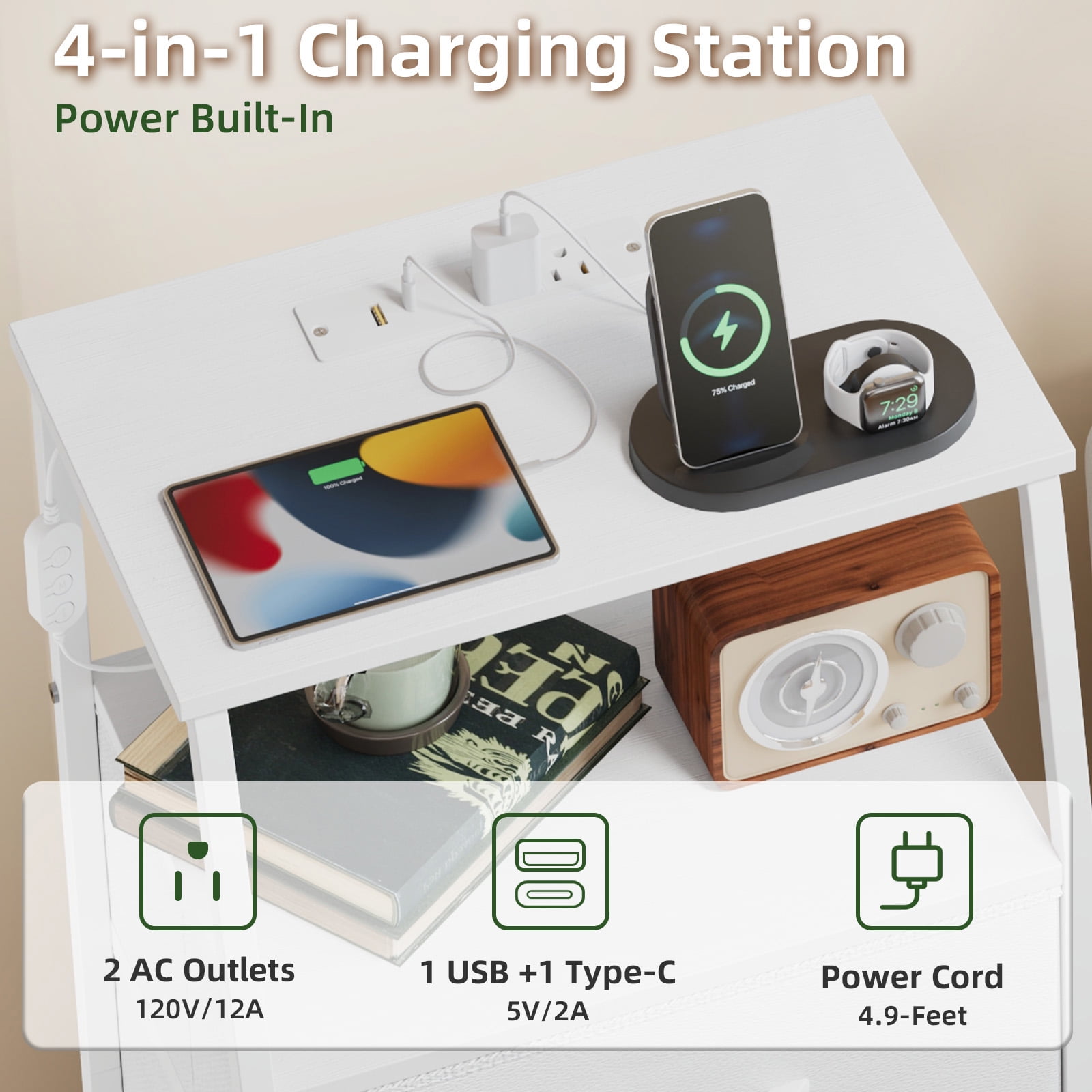 Eunos White Small Nightstand with Charging Station, 3 Drawer Bedside Table Set of 2 for Bedroom, Living Room