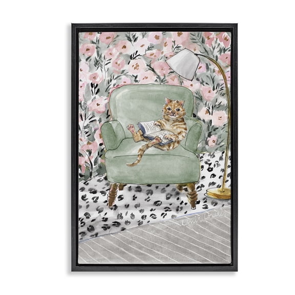 Stupell Industries Cozy Cat Reading Black Framed Floater Canvas Wall Art, design by Lanie Loreth
