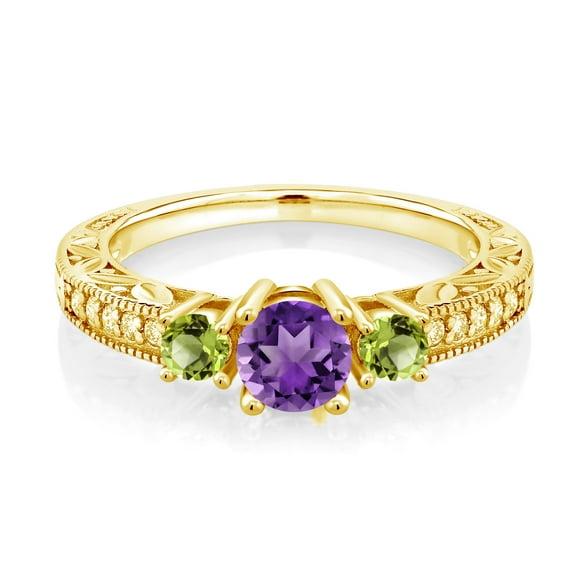 Gem Stone King 0.85 Ct Round Purple Amethyst Green Peridot 18K Yellow Gold Plated Silver Ring (Size 5)