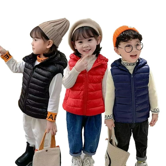Godderr 3-12Y Boys Girls down Cotton Vestt Hooded Solid Color with Pockets Waistcoat Sleeveless Jacket down Cotton Jacket Thickened Winter Coat Tops for Baby Kids
