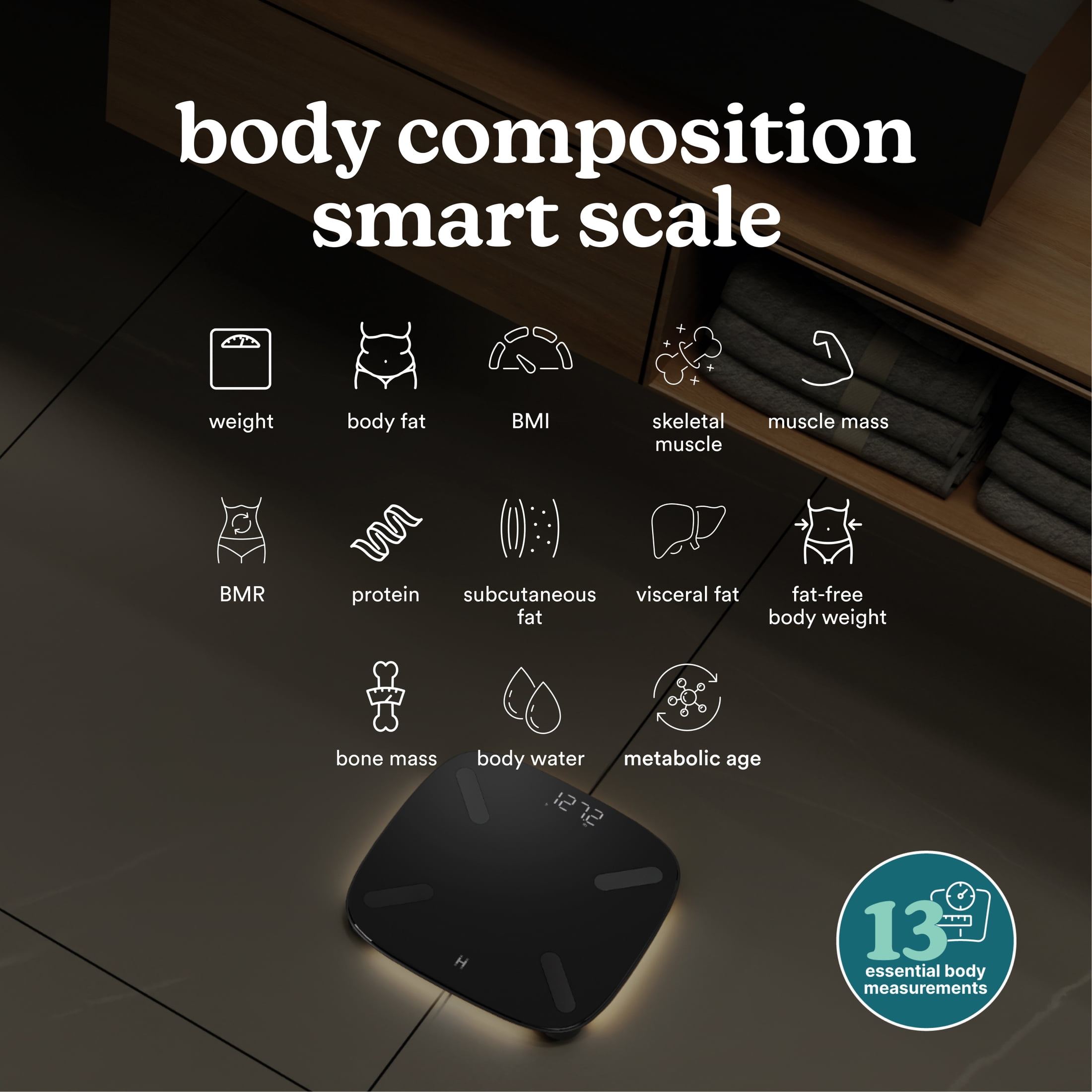 Homedics Smart Glo, Digital Bathroom Scale, Motion-Sensing Ambient Center Illumination, Sleek Tempered Glass, High-Precision Weight Measurement Up to 400 lbs, Sustainable Design, Bluetooth, Black