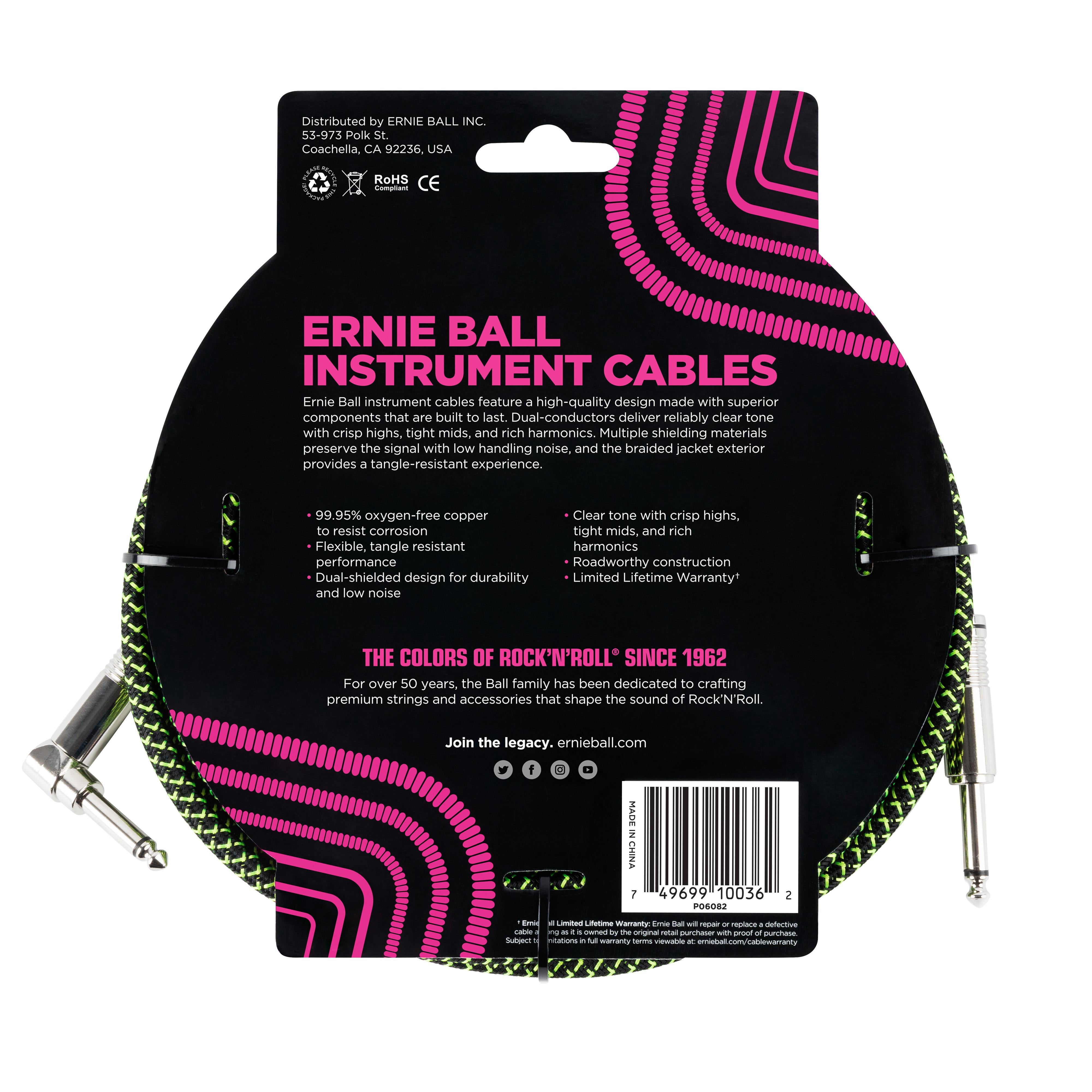 Ernie Ball 18' Braided Straight / Angle Instrument Cable, Black and Green