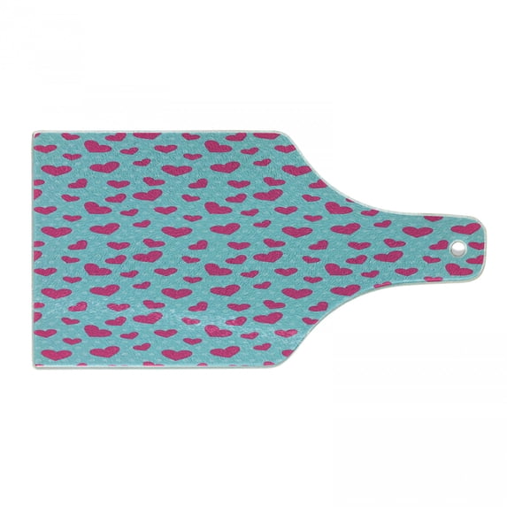 Pop Art Cutting Board, Retro 50s 60s Style Image with Hearts Abstract Polka Dots Art Print, Tempered Glass Cutting and Serving Board, Wine Bottle Shape, Hot Pink and Turquoise, by Ambesonne