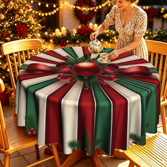 Festive Multi Color Radiant Stripe Xmas Pattern Polyester Round Tablecloth,35/50/60/70 inch, Christmas Party Household Table Ornament