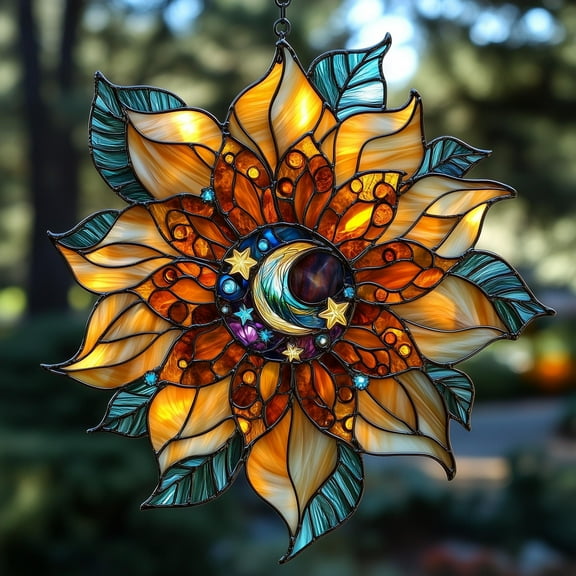 Celestial Sunflower Acrylic Suncatcher Crescent Moon And Stars Faux Stained Glass Suncatcher, Boho Window Hanging Gift