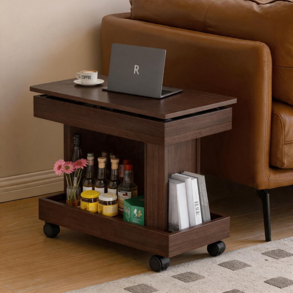 Small Coffee Table with Wheels, 360° Rotating Lift-Top Desktop, Rolling End Table with Storage Shelf, Mobile Bedside Table for Living Room & Bedroom, Walnut Brown