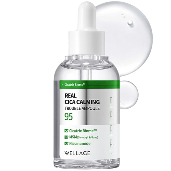 WELLAGE Real Cica Calming Trouble Ampoule - Suero calmante coreano 95% Madecassoside Alivio rápido del enrojecimiento Control del sebo Mejora las pecas y las imperfecciones para la piel propensa al ac
