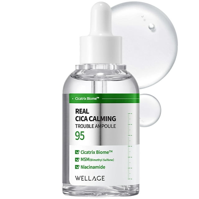 WELLAGE Real Cica Calming Trouble Ampoule - Suero calmante coreano 95% Madecassoside Alivio rápido del enrojecimiento Control del sebo Mejora las pecas y las imperfecciones para la piel propensa al ac
