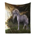 thumbnail image 1 of Unicorn Soft Flannel Fleece Blanket, Mythical Horse Watching the Sunset Reflections in the Water Nature View, Cozy Plush for Indoor and Outdoor Use, 60" x 80", Pearl and Army Green, by Ambesonne, 1 of 5