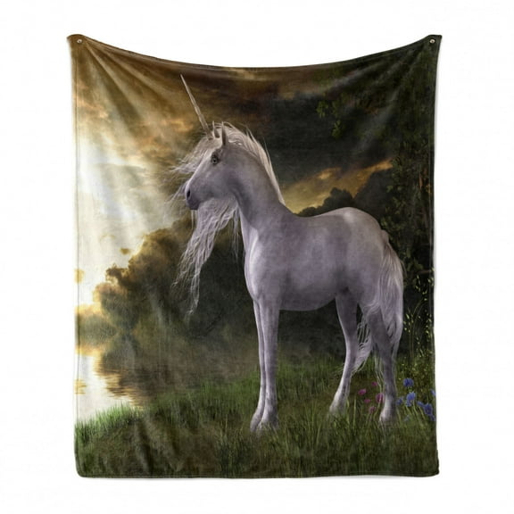 Unicorn Soft Flannel Fleece Blanket, Mythical Horse Watching the Sunset Reflections in the Water Nature View, Cozy Plush for Indoor and Outdoor Use, 70" x 90", Pearl and Army Green, by Ambesonne