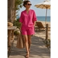 thumbnail image 3 of Two Piece Linen Short Sets for Women Short Sleeve V Neck Shirt Top and Shorts Casual Summer Travel Vacation Outfits Loose Short Sleeve, 3 of 5