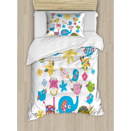 Twin Dancing - Nursery Twin Size Duvet Cover Set, Cute Animals Cartoon Style Happy Dancing Animals Elephant Birds Owls, Decorative 2 Piece Bedding Set with 1 Pillow Sham, Sky Blue Pink Marigold, by Ambesonne