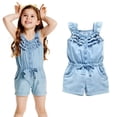 thumbnail image 3 of Kid Toddler Baby Girl Romper Sleeveless Bodysuit Denim Blue Cotton Washed Jeans Overalls Bow Jumpsuit Ruffled One Piece 0-5 Years, 3 of 5