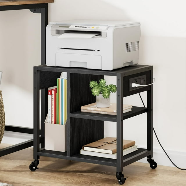 Support d'Imprimante de Bureau Amovible avec Station de Recharge, Chariot d'Imprimante à 3 Niveaux sur Roulettes sous le Bureau avec Tablette de Rangement et Roues