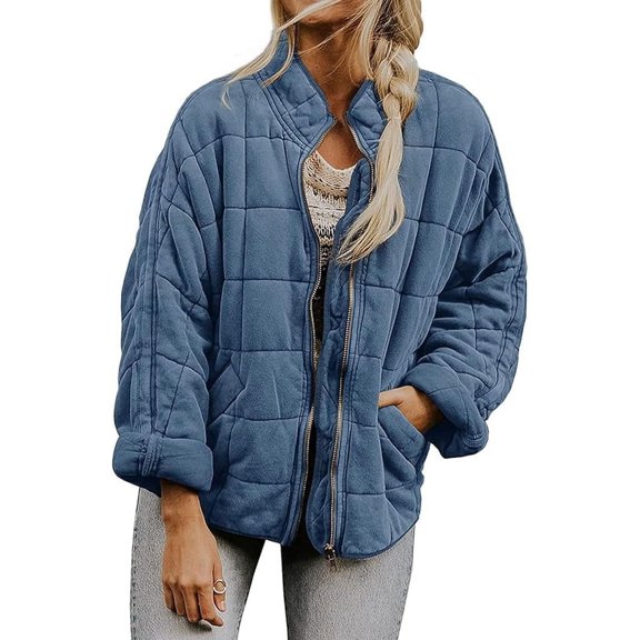 Womens Quilted Puffer Jackets Lightweight Dolman Sleeve Down Coats Zipper Oversized Fall Winter Coat Pockets