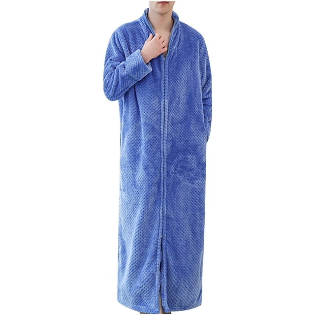 Penkiiy Fleece Robe Bathrobe Winter Flannel Thick Loose Zipper Couple Long Bathrobe Home Service M Blue