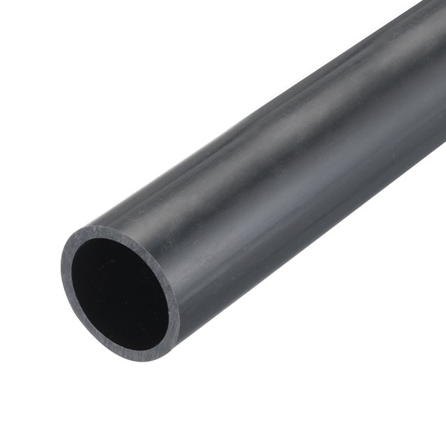 Uxcell rigid round pipe in dark grey, made of PVC material with a smooth surface and uniform wall. Measuring 31.6mm x 38mm, this high-impact pipe is suitable for water pipes, cable sleeves, and DIY crafts. Designed for outdoor use, it resists direct sunlight and offers good electrical insulation.