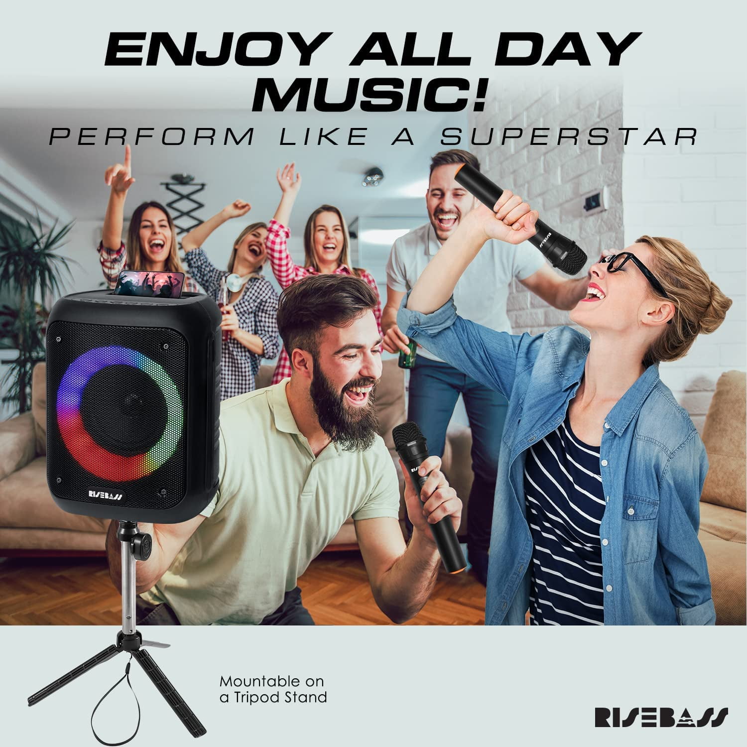 Risebass Portable Karaoke Machine with 2 Wireless Microphones - Bluetooth Rechargeable Speaker with USB/SD/TF Card Support, AUX-in, Voice Record, Tripod Screw Mount and Phone Slot